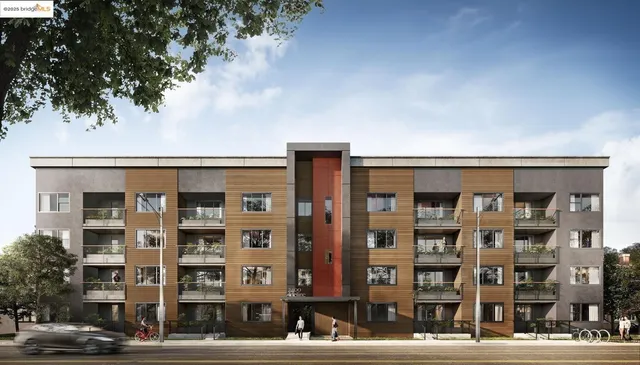 a front view of a building with street view