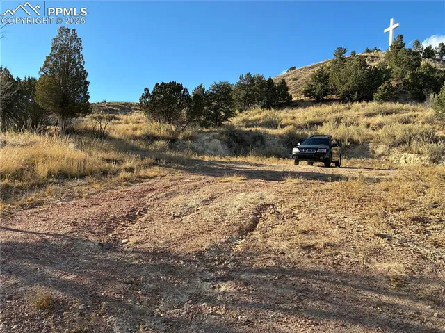 a view of a yard with wooden fence