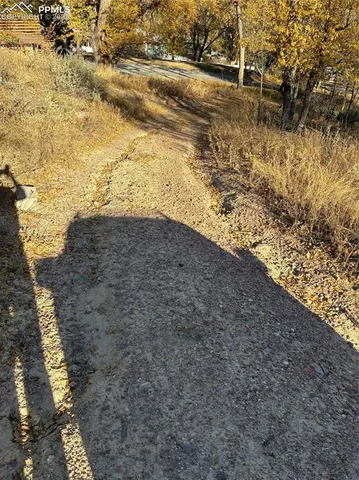 a view of a yard with wooden fence