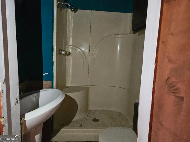 a bathroom with a shower and toilet