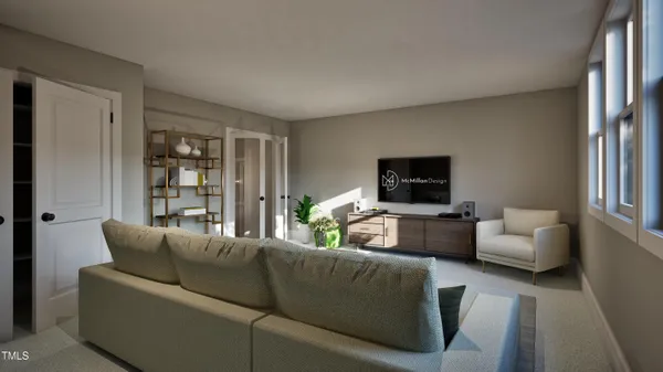 a living room with furniture and a chandelier