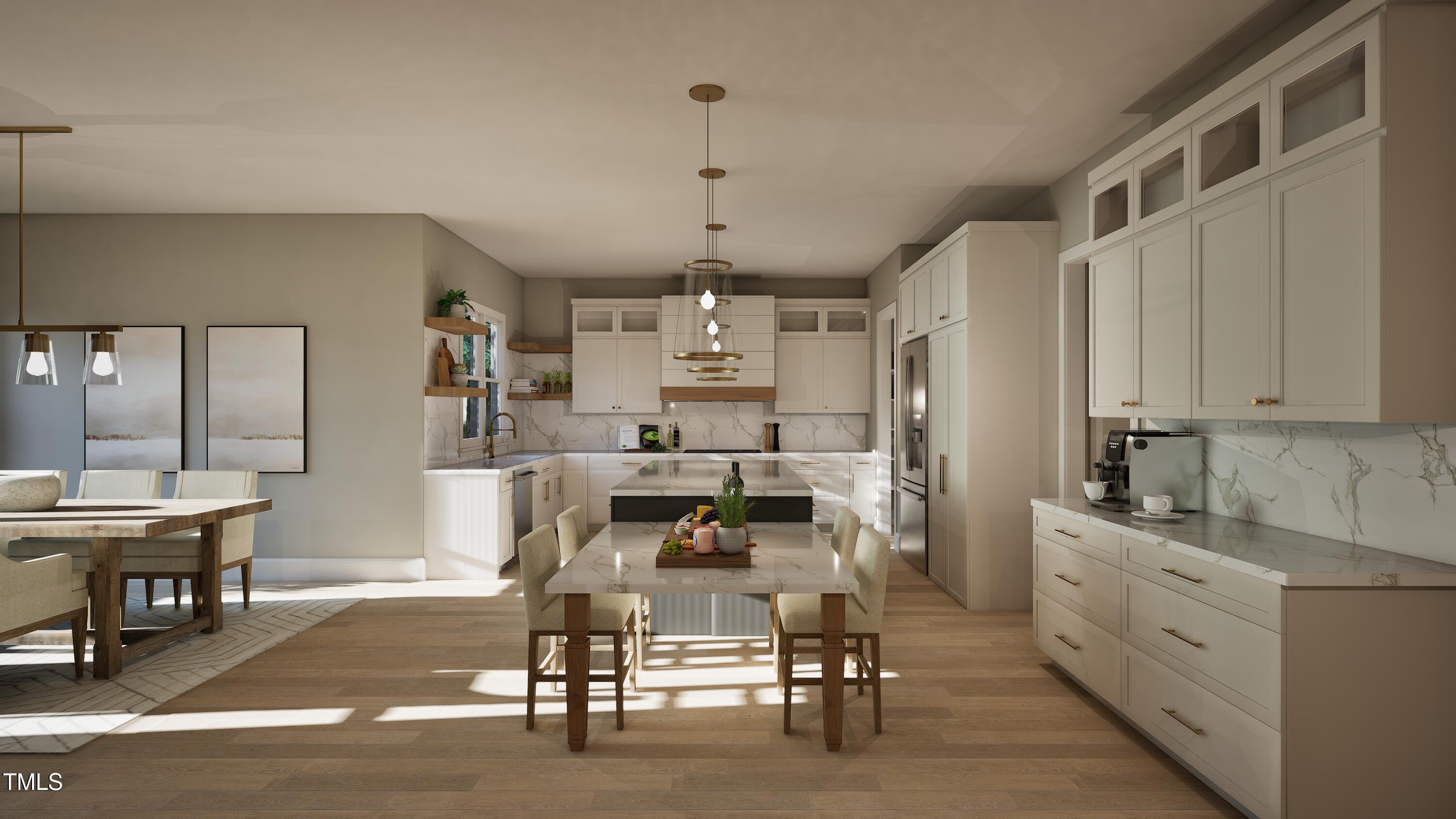 7609 Thompson Mill Road Wake Forest, NC 27587 - Photo 2 of 13 a kitchen with kitchen island a dining table chairs refrigerator and cabinets