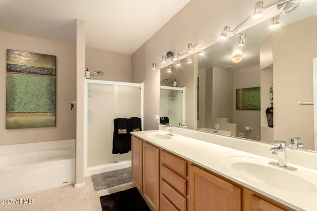 a bathroom with a sink double vanity and a shower