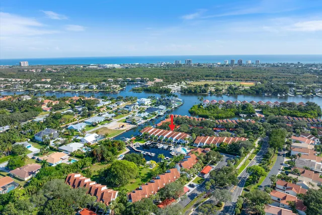 an aerial view of residential houses with outdoor space and trees