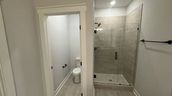 a bathroom with a shower and a toilet