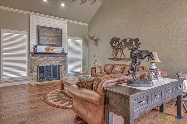 a living room with furniture a fireplace and a chandelier