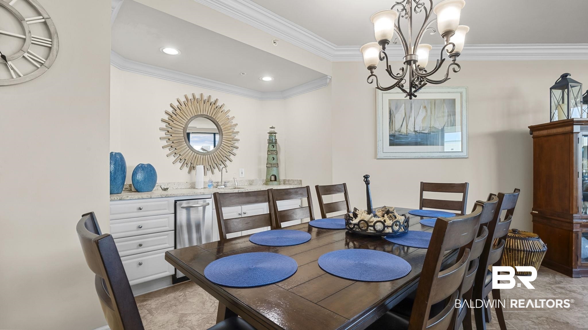 27580 Canal Road, Unit 1526 Orange Beach, AL 36561 - Photo 12 of 49 Dining space with crown molding, a chandelier, and recessed lighting