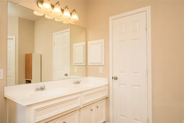 a bathroom with a sink vanity and a mirror