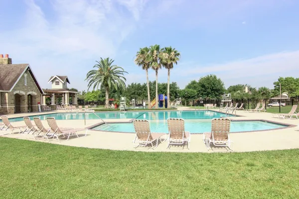 a view of a swimming pool with a garden and plants