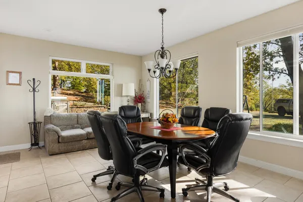 a view of a dining room with furniture window and outside view