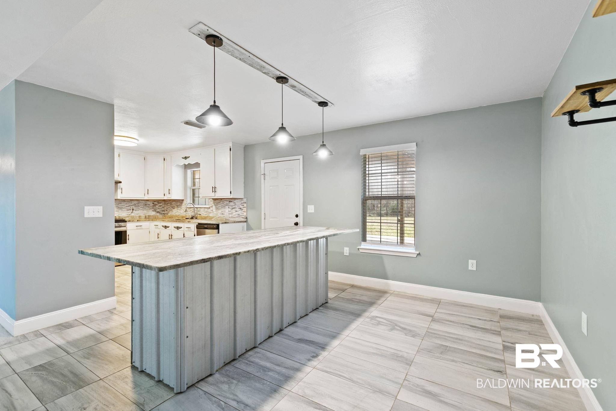 17366 Old Brady Road Bay Minette, AL 36507 - Photo 9 of 43 Kitchen featuring pendant lighting, white cabinets, a kitchen island, tasteful backsplash, and dishwasher