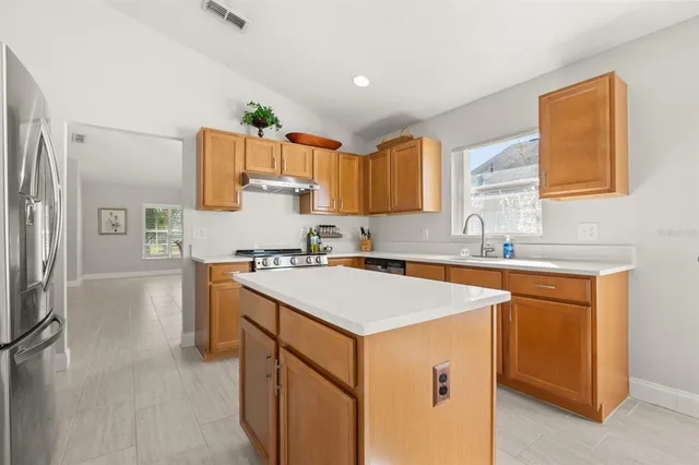a kitchen that has a sink a stove and a refrigerator