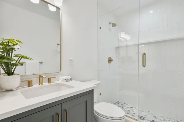 a bathroom with a granite countertop sink a toilet and shower