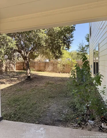 a view of a yard with large trees