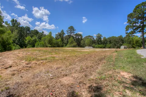 a view of a field with trees in the background