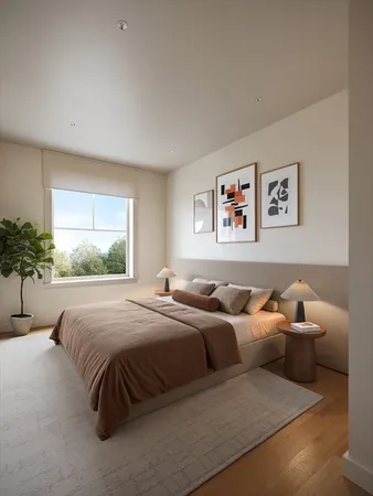a bedroom with a bed and a large window