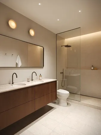 a bathroom with a double vanity sink mirror and toilet