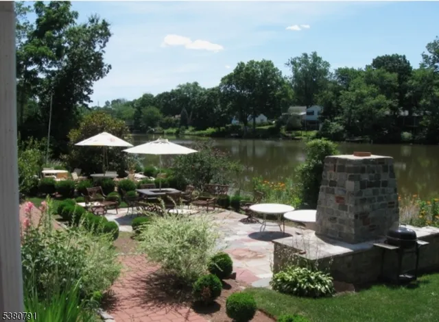a garden view with a seating space