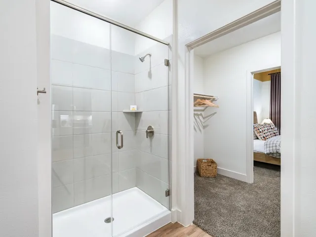 a bathroom with a shower and a sink