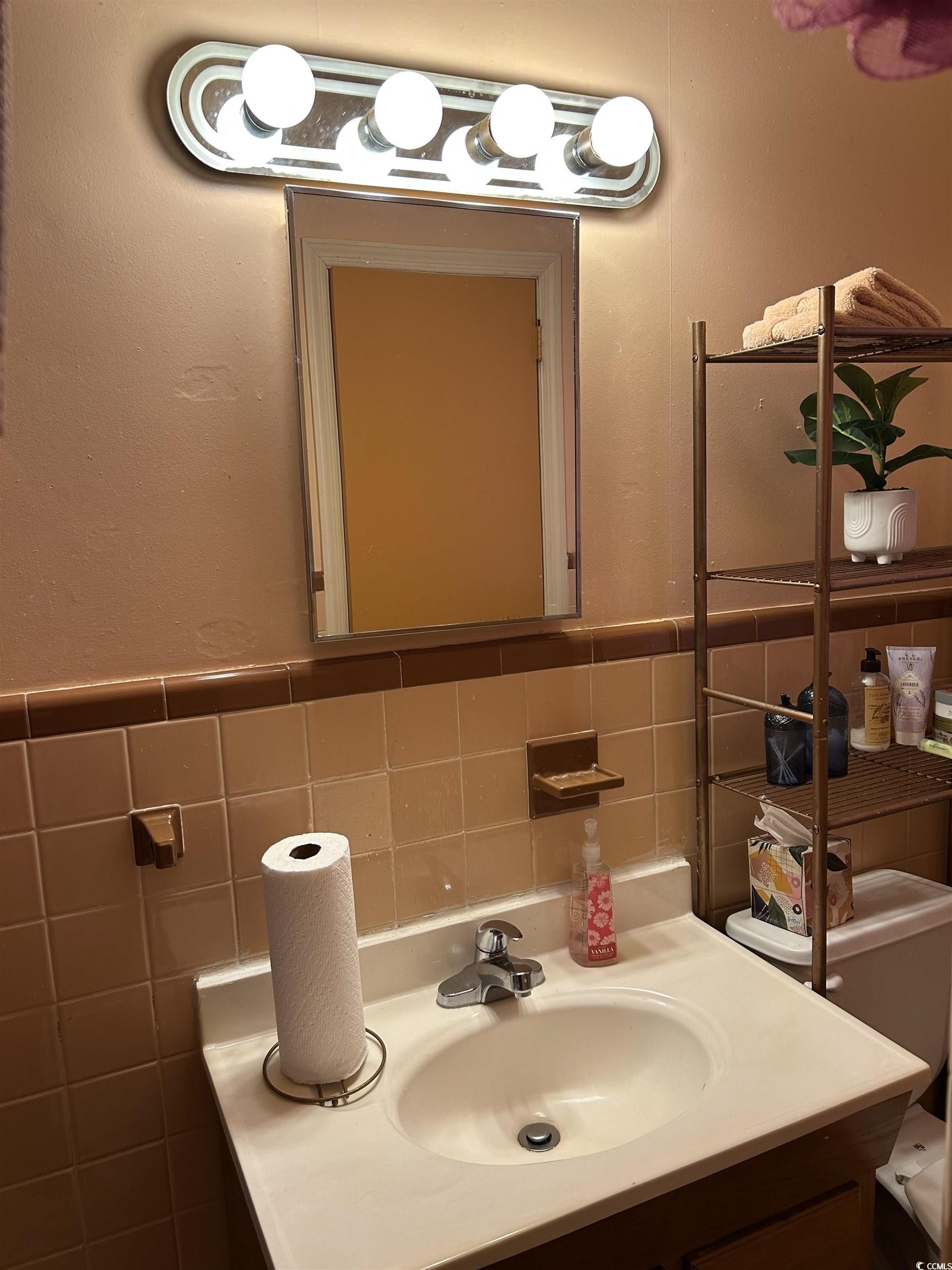 1411 East Harrison Street Dillon, SC 29536 - Photo 31 of 40 Bathroom featuring tile walls, vanity, and a wainscoted wall