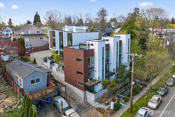 an aerial view of a house with a space balcony