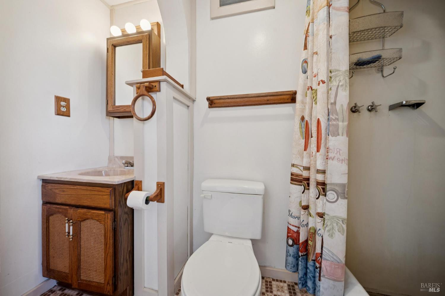 836 Point San Pedro Road San Rafael, CA 94901 - Photo 58 of 83 a bathroom with a sink a toilet and shower curtain