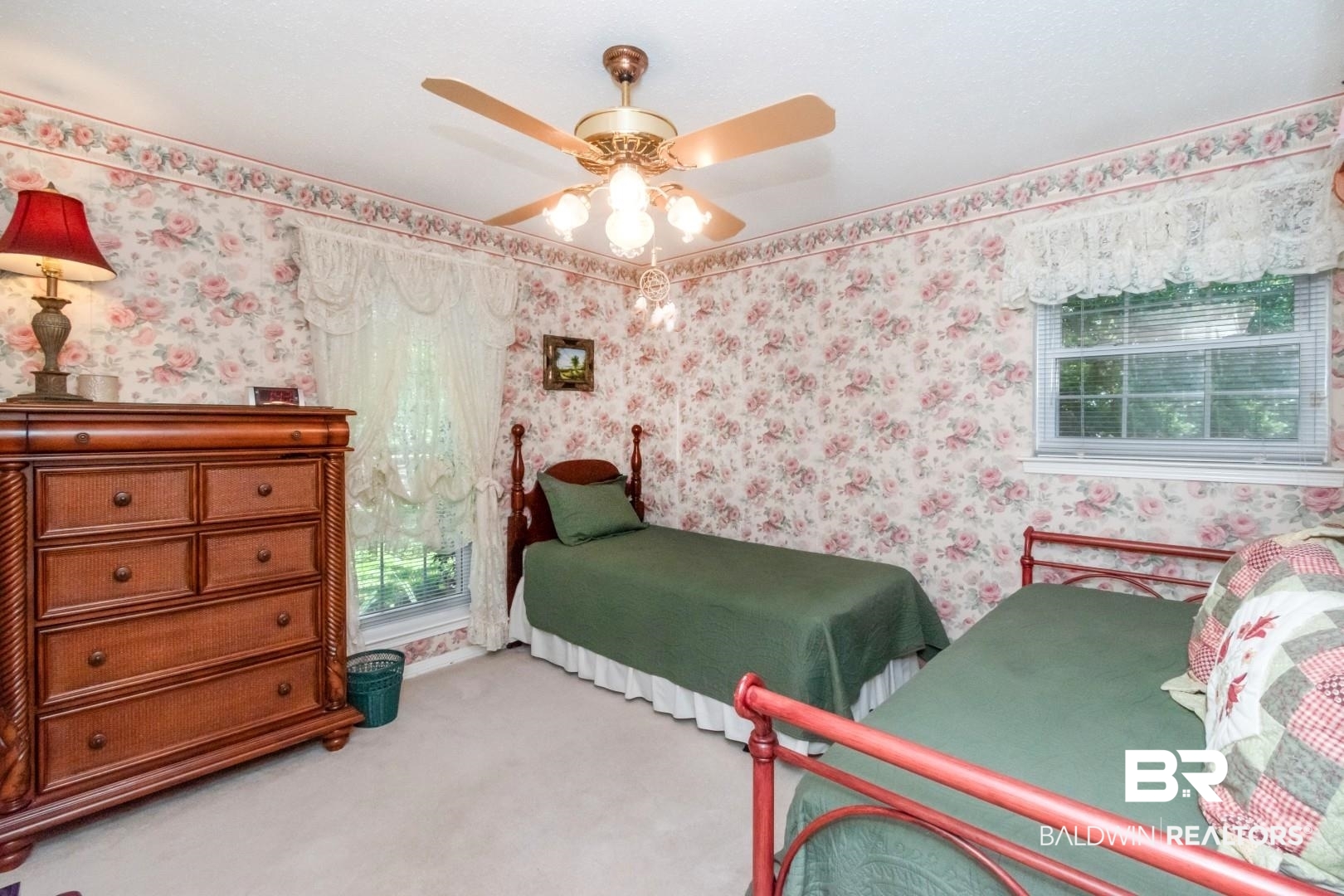 8220 Fordham Road Mobile, AL 36619 - Photo 19 of 41 Bedroom with light colored carpet, wallpapered walls, and multiple windows