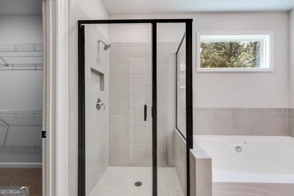 a bathroom with a bathtub and a shower