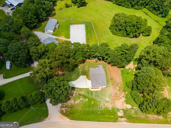 an aerial view of a swimming pool