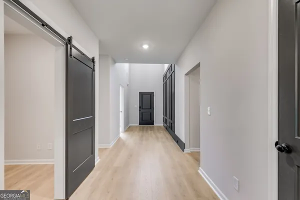 a view of hallway with walk in closet and wooden floor