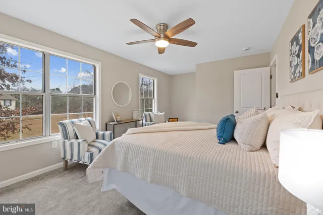 a bed room with a bed and a ceiling fan