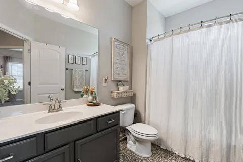 a bathroom with a sink a toilet and shower curtain