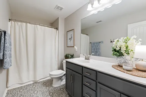 a bathroom with a sink a toilet and a large mirror