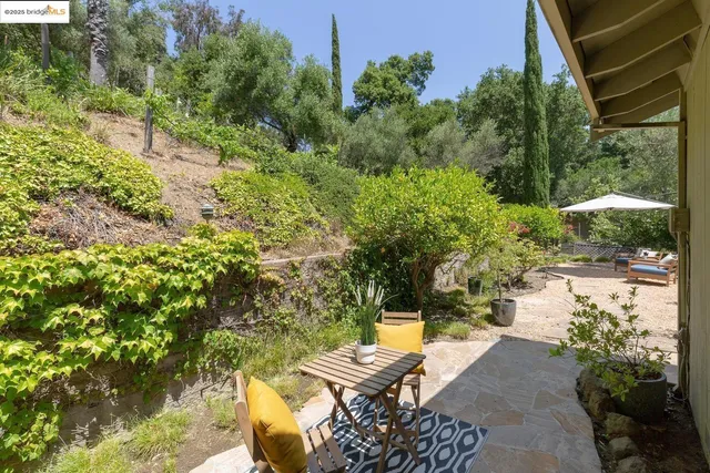 a view of backyard with seating space and trees