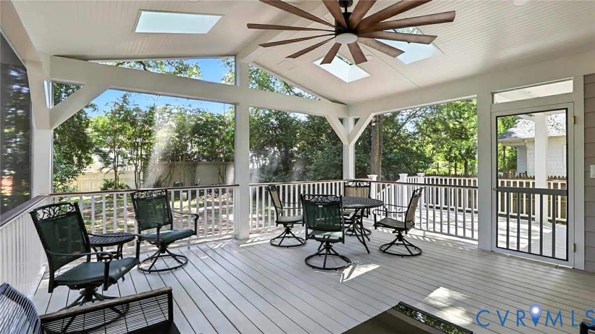 3321 Gloucester Road Richmond, VA 23227 - Photo 20 of 38 Sunroom with a wooden deck, a skylight, ceiling fa