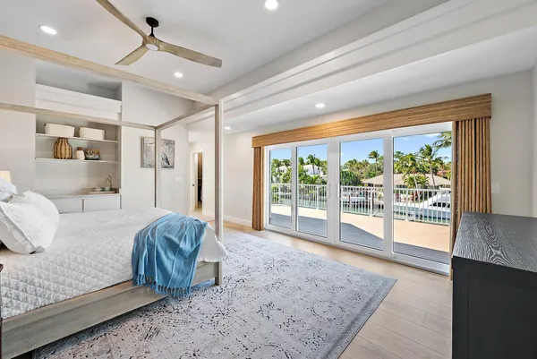 a spacious bedroom with a large bed and a large window