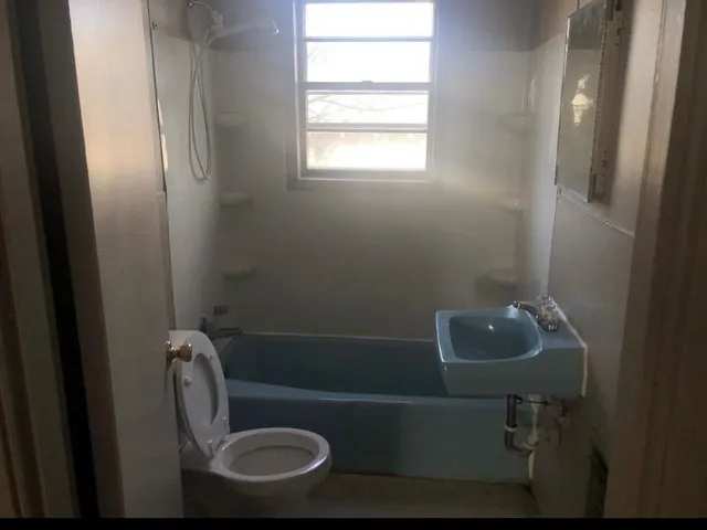 a bathroom with a tub and a window