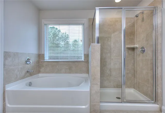 a bathroom with a bathtub and a shower