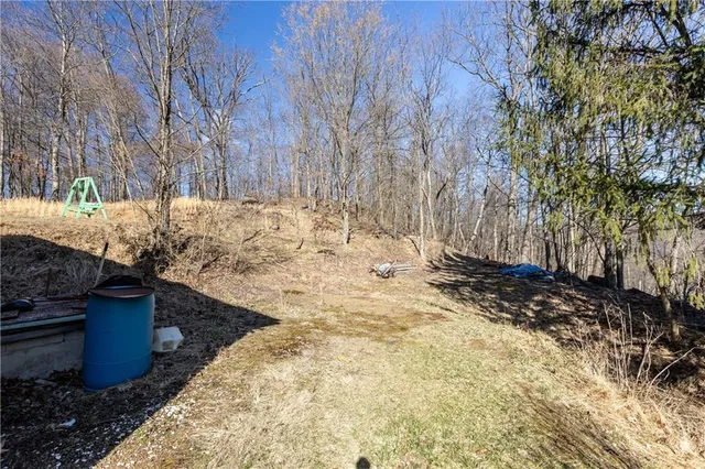 a backyard of a house with large trees and outdoor seating