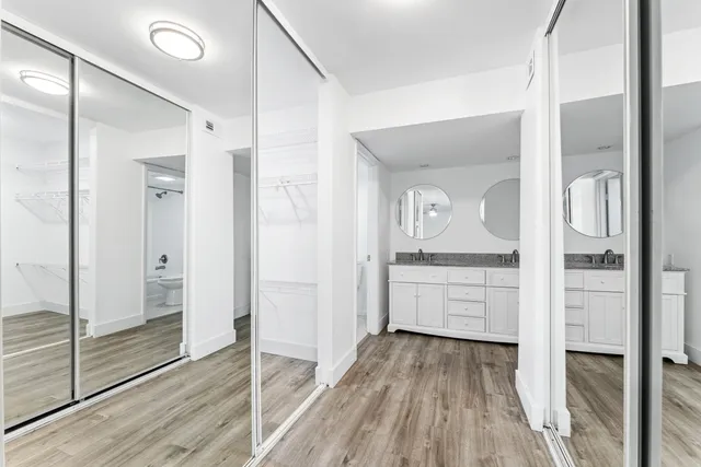 a view of a room with racks on the wall