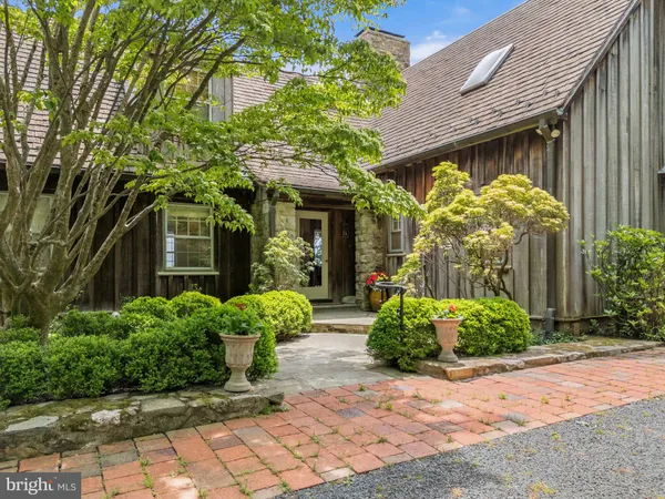 a view of a house with potted plants and a large tree