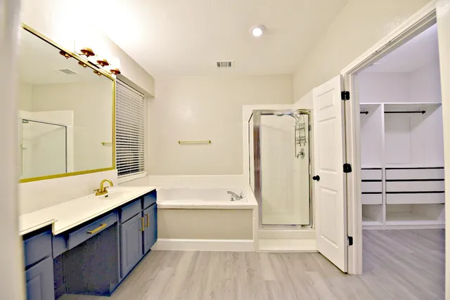 a bathroom with a tub a sink shower and a mirror