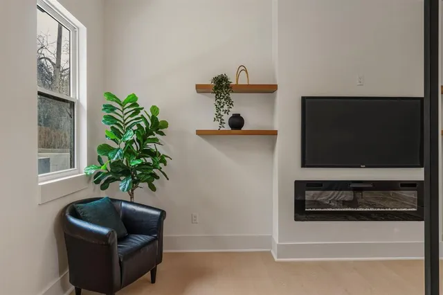 a living room with furniture and a potted plant