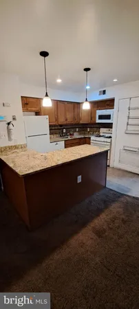 a kitchen with a sink a counter space appliances and cabinets