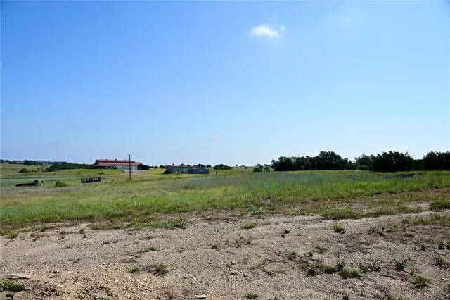 a view of a field with trees in background