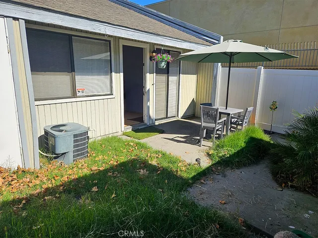 a garden view with a seating space