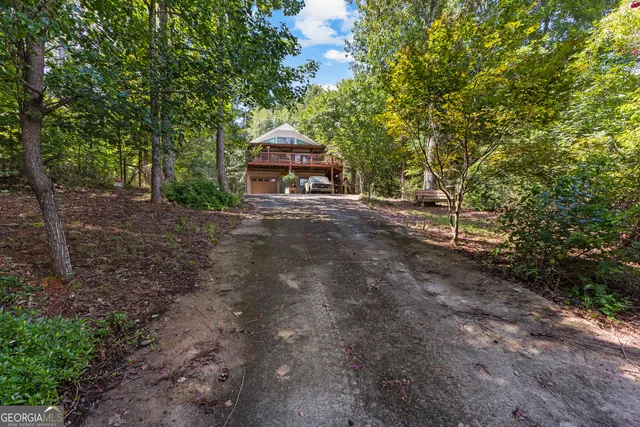 a dirt road with trees in the background