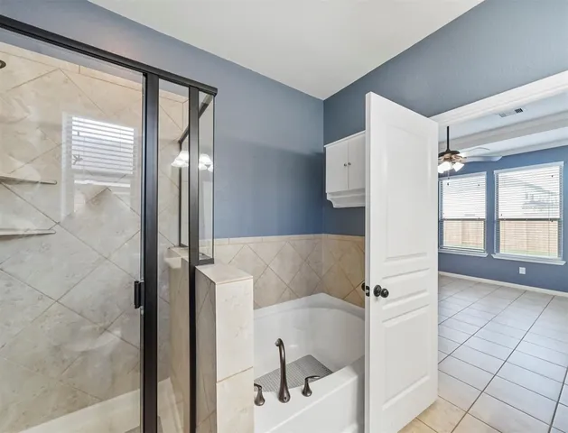 a bathroom with a bathtub and a shower