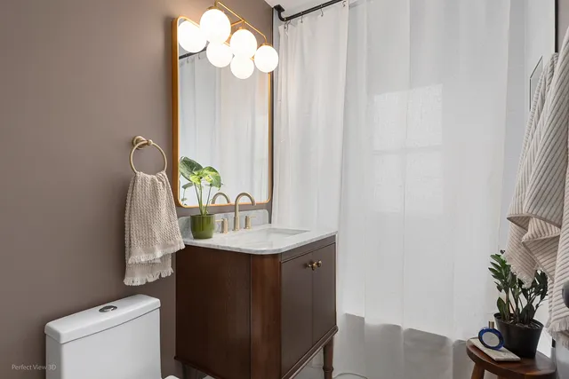 a bathroom with a sink a mirror and a potted plant