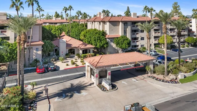 an outdoor space with seating